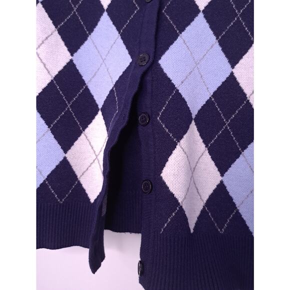 Shein Juniors Cardigan Size One Size Navy Blue Argyle Cropped Collegiate - Picture 5 of 8